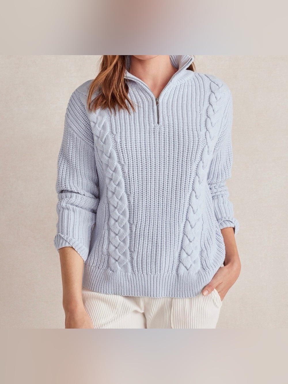 Talbots Small Haven Well Within Shaker Stitch Cable Knit Half Zip Sweater Blue